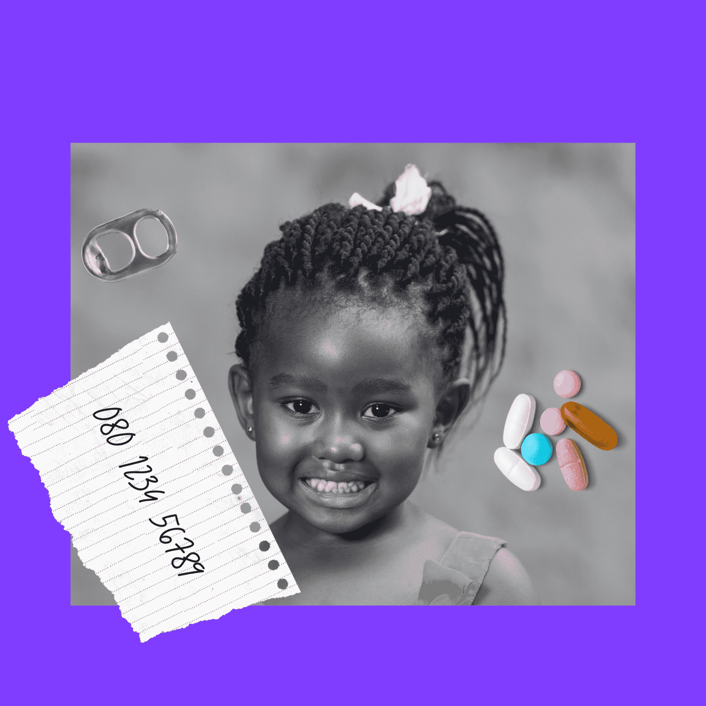 little girl overlayyed with pills and a phone number written in paper